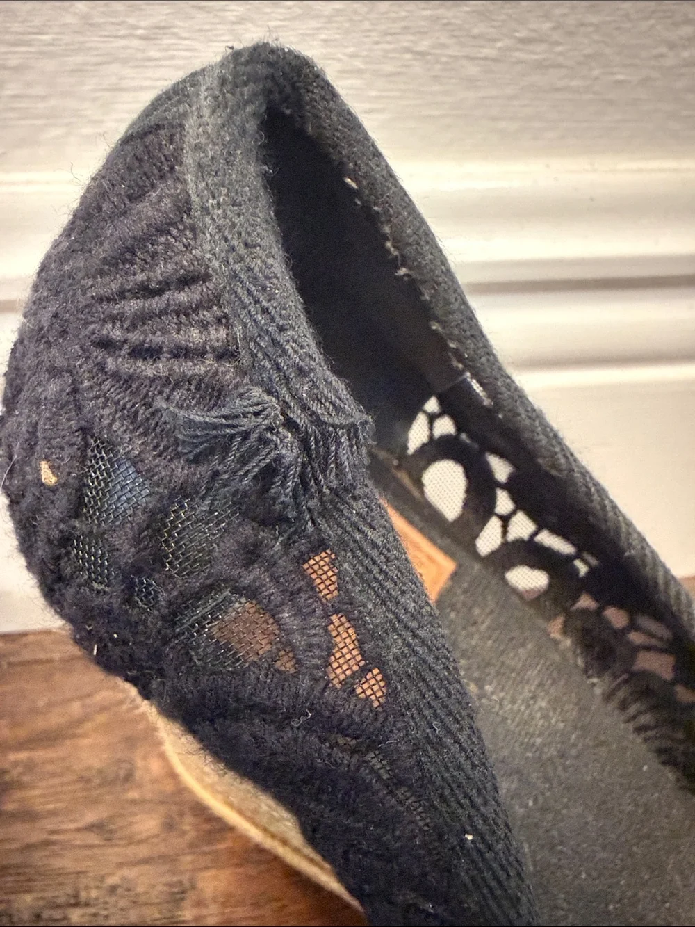 Tory Burch Black Lace Espadrille Wedge Flats with Logo Charm